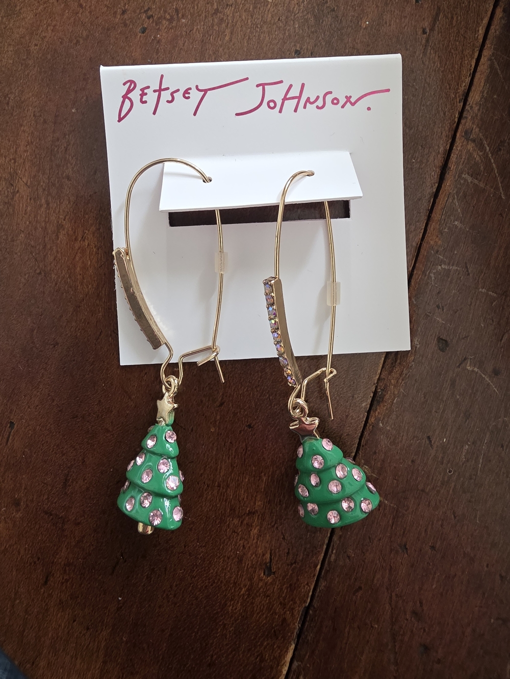 Betsey Johnson Green & Pink Christmas Tree Drop Earrings
